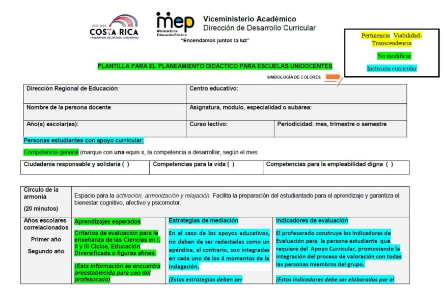 Plantillas de planeamiento técnico de P.E.I modalidad Unidocente.