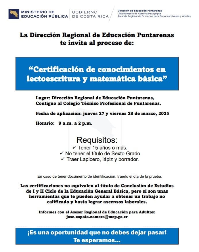 “Certificación de conocimientos en lectoescritura y matemática básica”
