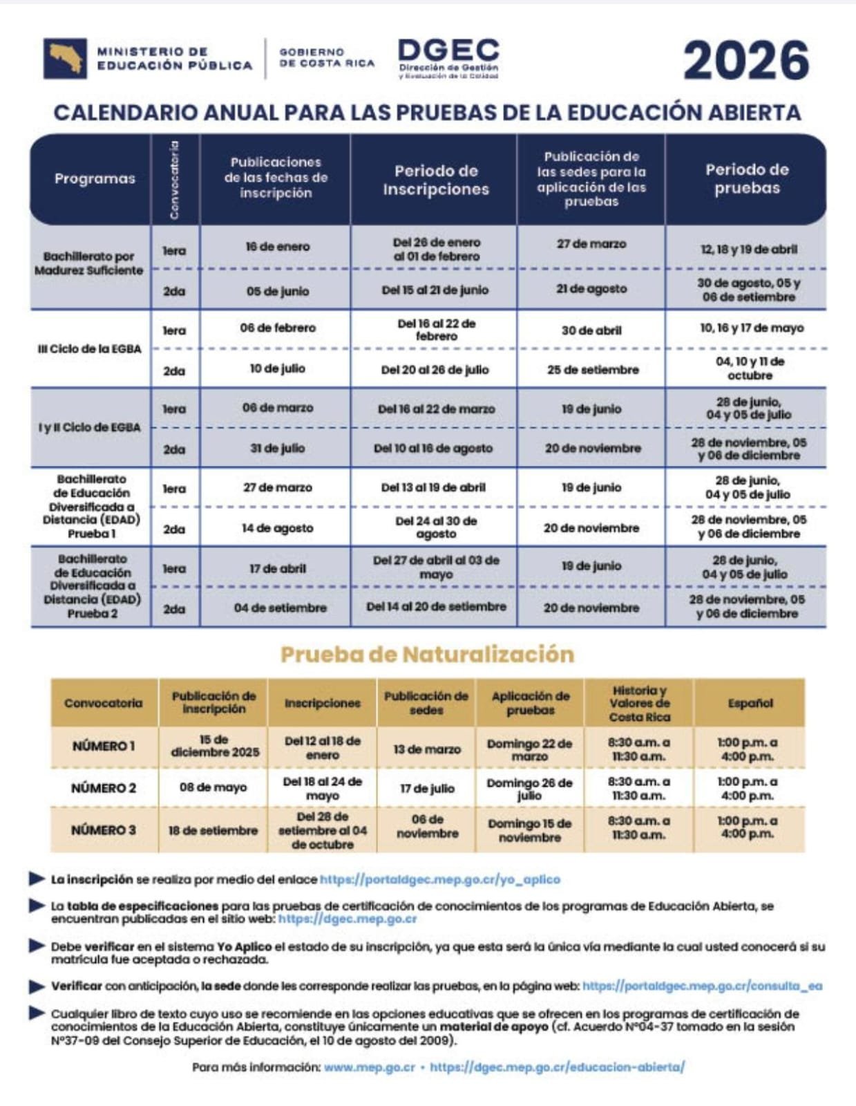 CALENDARIO ANUAL PARA PRUEBAS DE EDUCACIÓN ABIERTA