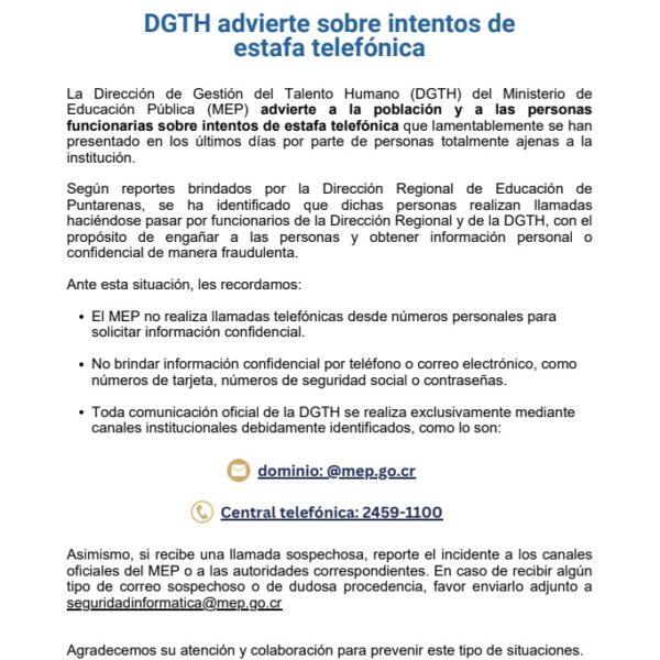 DGTH Comunica – Alerta por intentos de estafa