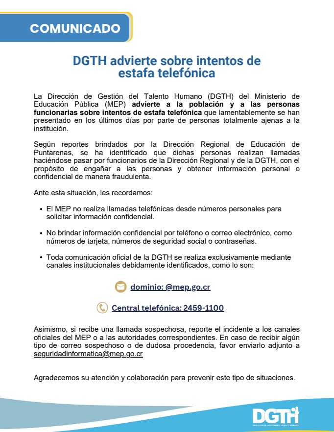 DGTH Comunica – Alerta por intentos de estafa